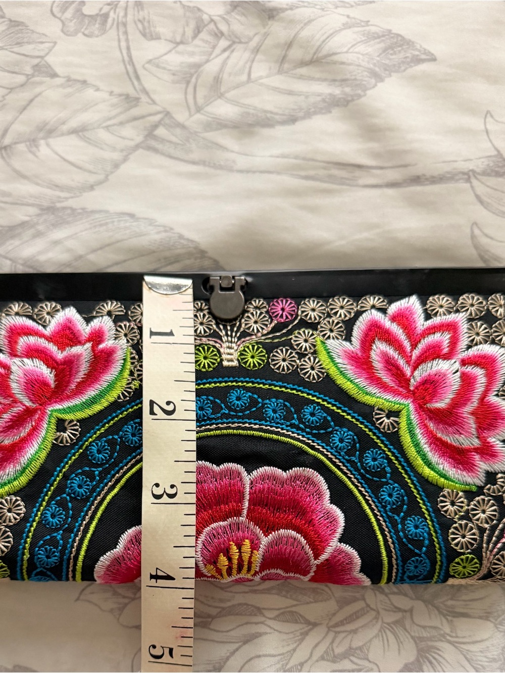 Embroidered Floral Clutch Bag in Black and Pink - Picture 5 of 8
